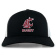 The Washington State University Retro Trucker Cap by EMB S&S Activewear features a black and white design, red embroidered cougar logo, “RUGBY” on the front, and a classic snapback closure.