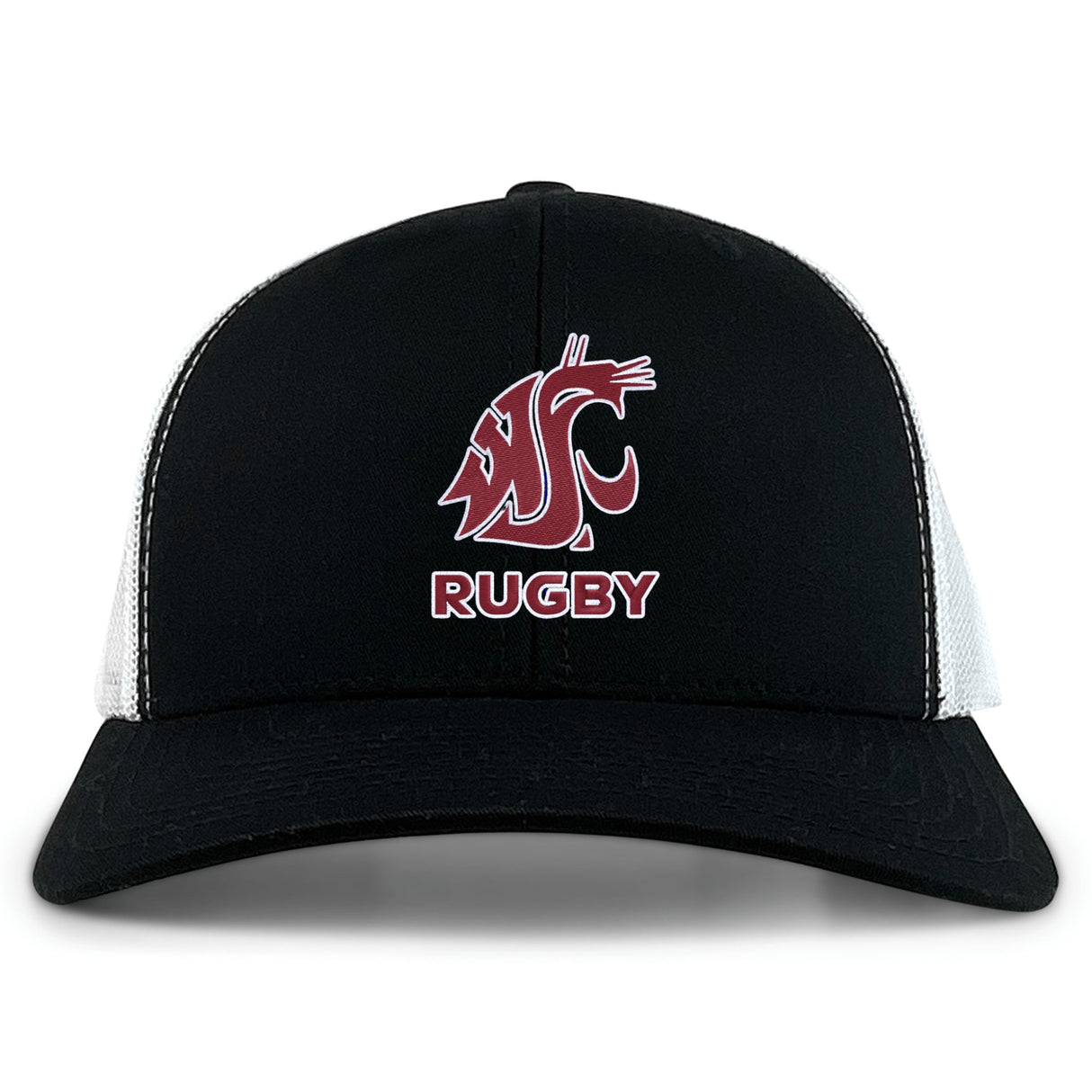 The Washington State University Retro Trucker Cap by EMB S&S Activewear features a black and white design, red embroidered cougar logo, “RUGBY” on the front, and a classic snapback closure.
