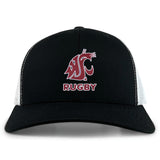 The Washington State University Retro Trucker Cap by EMB S&S Activewear features a black and white design, red embroidered cougar logo, “RUGBY” on the front, and a classic snapback closure.