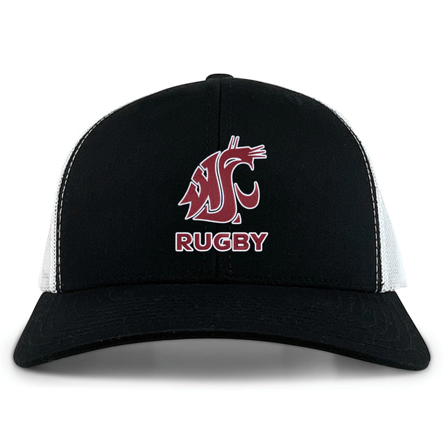 The Washington State University Retro Trucker Cap by EMB S&S Activewear features a black and white design, red embroidered cougar logo, “RUGBY” on the front, and a classic snapback closure.