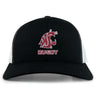 The Washington State University Retro Trucker Cap by EMB S&S Activewear features a black and white design, red embroidered cougar logo, “RUGBY” on the front, and a classic snapback closure.