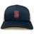 The St. Ignatius Rugby Retro Trucker Cap by EMB S&S Activewear features a navy blue and white design, red and white embroidered "S" logo with "RUGBY" on front, and an adjustable snapback closure.