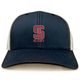 The St. Ignatius Rugby Retro Trucker Cap by EMB S&S Activewear features a navy blue and white design, red and white embroidered "S" logo with "RUGBY" on front, and an adjustable snapback closure.