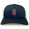 The St. Ignatius Rugby Retro Trucker Cap by EMB S&S Activewear features a navy blue and white design, red and white embroidered "S" logo with "RUGBY" on front, and an adjustable snapback closure.