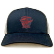 The Charlotte Cardinals Retro Trucker Cap by EMB S&S Activewear features navy blue and white panels, a red eagle logo, "Charlotte Cardinals Rugby Club 2021" on the front, retro trucker design, and adjustable snapback closure.