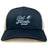 The Gulf Coast Fat Alberts Retro Trucker Cap by EMB S&S Activewear features a navy blue and white design, front embroidered "Fat Albert's Rugby" with rugby ball graphic, and a comfy snapback closure.