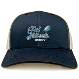 The Gulf Coast Fat Alberts Retro Trucker Cap by EMB S&S Activewear features a navy blue and white design, front embroidered "Fat Albert's Rugby" with rugby ball graphic, and a comfy snapback closure.