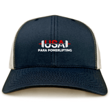 The USA Para Powerlifting Retro Trucker Cap by EMB S&S Activewear features navy and beige panels, an embroidered "USA Para Powerlifting" with a barbell on the front, and a classic snapback closure.