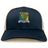 Takoma Touch Rugby Retro Trucker Cap in navy blue and white, featuring an embroidered green rooster in armor above a banner that reads “Takoma TRFC.”