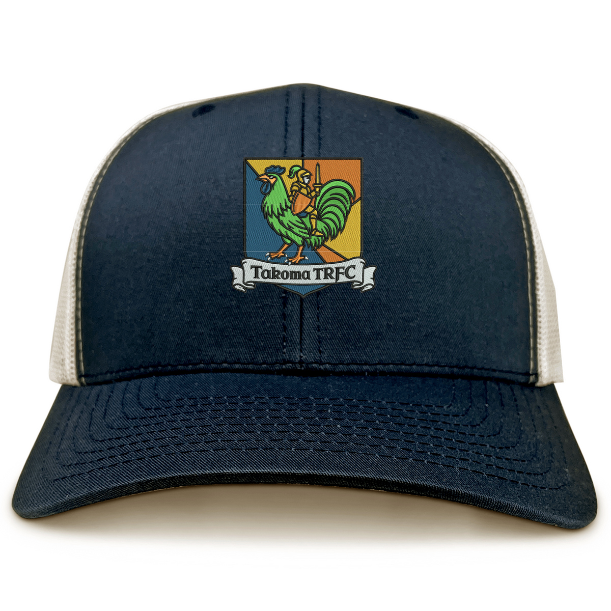 Takoma Touch Rugby Retro Trucker Cap in navy blue and white, featuring an embroidered green rooster in armor above a banner that reads “Takoma TRFC.”