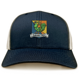 Takoma Touch Rugby Retro Trucker Cap in navy blue and white, featuring an embroidered green rooster in armor above a banner that reads “Takoma TRFC.”