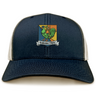 Takoma Touch Rugby Retro Trucker Cap in navy blue and white, featuring an embroidered green rooster in armor above a banner that reads “Takoma TRFC.”