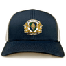 The Old Man Rivah Rugby Retro Trucker Cap by EMB S&S Activewear is a navy and white cap featuring an embroidered lion crest, "OLD MAN RIVAH" and "MOR QUAM CEDERE" on the front, with an adjustable snapback closure.