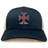 The SF CDME Rugby Retro Trucker Cap by EMB S&S Activewear features a navy and white design with a bold embroidered red cross emblem and “CDME RUGBY” text on the front panel, and includes an adjustable snapback closure for a comfortable fit.
