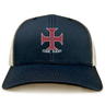 The SF CDME Rugby Retro Trucker Cap by EMB S&S Activewear features a navy and white design with a bold embroidered red cross emblem and “CDME RUGBY” text on the front panel, and includes an adjustable snapback closure for a comfortable fit.