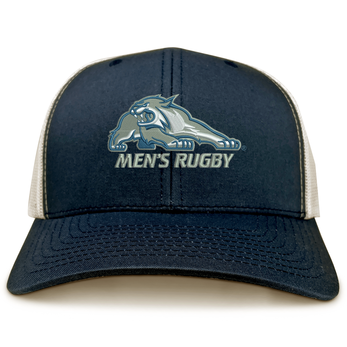 University of New Hampshire Retro Trucker Cap in navy blue and white, featuring an embroidered wildcat logo and “MEN’S RUGBY” text on the front.