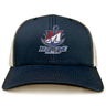 SUNY Maritime Men’s Rugby Retro Trucker Cap in navy blue with a white mesh back, snapback closure, and an embroidered Maritime Rugby logo of a stylized M and anchor on the front.