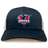 The EMB S&S Activewear Nebraska Rugby Referee Society Retro Trucker Cap features a navy and beige design, an embroidered referee logo on the front panel, and a snapback closure for adjustable fit.