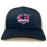 The EMB S&S Activewear Nebraska Rugby Referee Society Retro Trucker Cap features a navy and beige design, an embroidered referee logo on the front panel, and a snapback closure for adjustable fit.