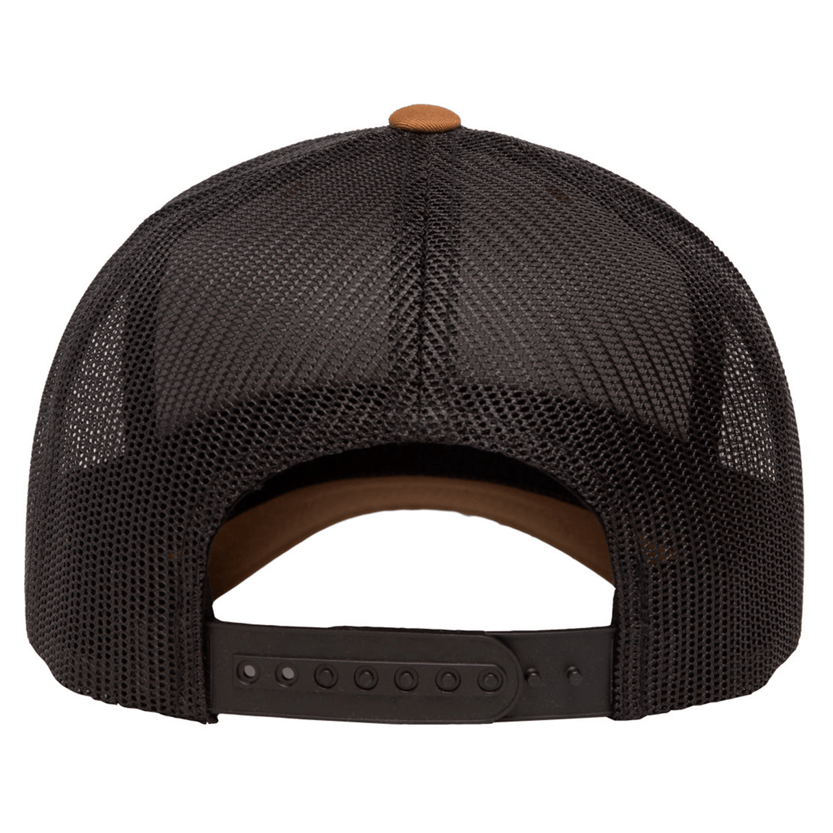 Back view of the S&S Activewear Retro Trucker Cap with black mesh, adjustable snapback closure, and a brown top button.