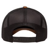 Back view of the S&S Activewear Retro Trucker Cap with black mesh, adjustable snapback closure, and a brown top button.