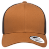 The S&S Activewear Retro Trucker Cap is displayed from the front, featuring a brown and black design, mesh back, snapback closure, and a "Yupoong Snapback" sticker on the brim.
