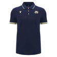 Show your support in style with the Scotland SRU 26/27 Travel Polo by Macron—a navy blue short-sleeve polo featuring a collar, white trim on the sleeves, and two embroidered logos on the chest. The perfect choice for authentic Scotland Rugby fans.