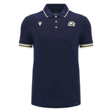 Show your support in style with the Scotland SRU 26/27 Travel Polo by Macron—a navy blue short-sleeve polo featuring a collar, white trim on the sleeves, and two embroidered logos on the chest. The perfect choice for authentic Scotland Rugby fans.
