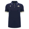 Show your support in style with the Scotland SRU 26/27 Travel Polo by Macron—a navy blue short-sleeve polo featuring a collar, white trim on the sleeves, and two embroidered logos on the chest. The perfect choice for authentic Scotland Rugby fans.