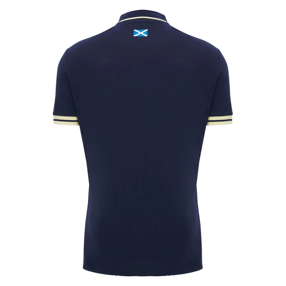 The Scotland SRU 26/27 Travel Polo by Macron is shown from the back, displaying a small Scottish flag below the collar and subtle light stripes on the sleeve edges.