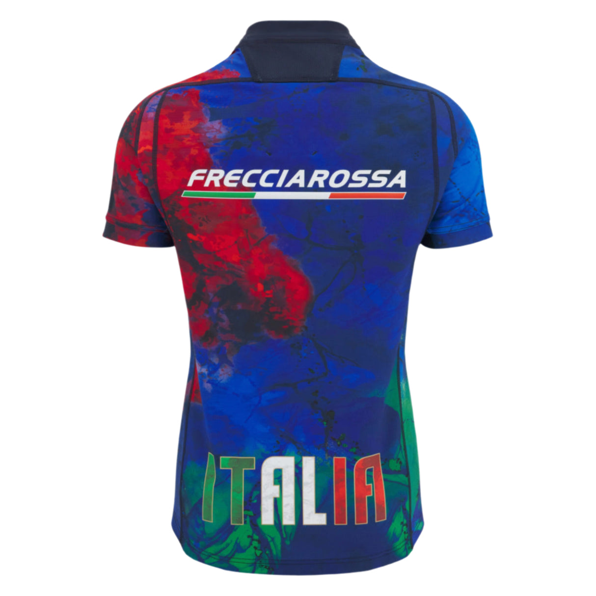 The back of the Italy 25/26 Replica Training Jersey by Macron displays "FRECCIAROSSA" and "ITALIA" in white, red, and green over an abstract red, blue, and green pattern—a true Macron replica.