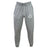 Introducing the Missoula All-Maggots Leisure Sweatpant by EMB Canterbury: sustainable gray fleece sweatpants crafted from soft organic cotton. Featuring an elastic waistband, adjustable drawstring, convenient side pockets, and two white printed Canterbury logos on the front, these eco-friendly sweatpants combine comfort with effortless style.