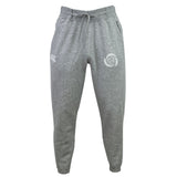 Introducing the Missoula All-Maggots Leisure Sweatpant by EMB Canterbury: sustainable gray fleece sweatpants crafted from soft organic cotton. Featuring an elastic waistband, adjustable drawstring, convenient side pockets, and two white printed Canterbury logos on the front, these eco-friendly sweatpants combine comfort with effortless style.