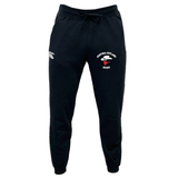 The Ventura Outlaws Rugby Leisure Sweatpant by Canterbury is a pair of black sweatpants made from recycled polyester, featuring a drawstring waist, with the "Victoria Outlaws Rugby" logo and a CCC logo. This item is branded as EMB Canterbury.