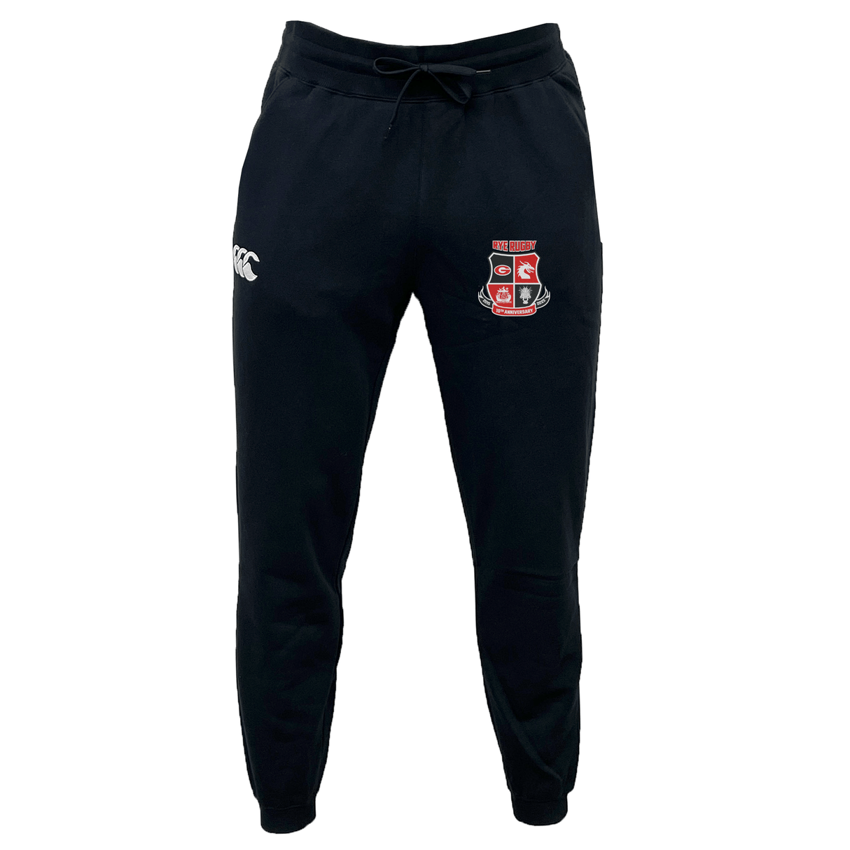 The EMB Canterbury Rye High School 10 Year Women's Leisure Sweatpant includes a drawstring, a logo on the right hip, and embroidery on the left thigh. Made from organic cotton for maximum comfort and sustainability, these sweatpants are perfect for rugby training.