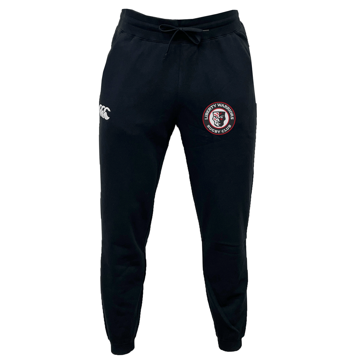 Liberty Lake Warriors Leisure Sweatpant by EMB Canterbury, crafted from recycled polyester fleece, featuring a Canterbury logo on the left thigh and a "Warriors Rugby Club" emblem on the right in black sustainable material.