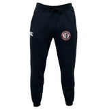 Liberty Lake Warriors Leisure Sweatpant by EMB Canterbury, crafted from recycled polyester fleece, featuring a Canterbury logo on the left thigh and a "Warriors Rugby Club" emblem on the right in black sustainable material.
