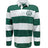 Show off a classic style in the Woodlands Youth Paw Print Hooped Classic Jersey - Green by EMB Sanmar, featuring green and white stripes, a collar, and the signature Woodland Rugby paw print logo on the left chest.