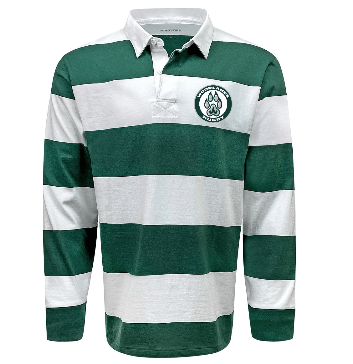 Show off a classic style in the Woodlands Youth Paw Print Hooped Classic Jersey - Green by EMB Sanmar, featuring green and white stripes, a collar, and the signature Woodland Rugby paw print logo on the left chest.