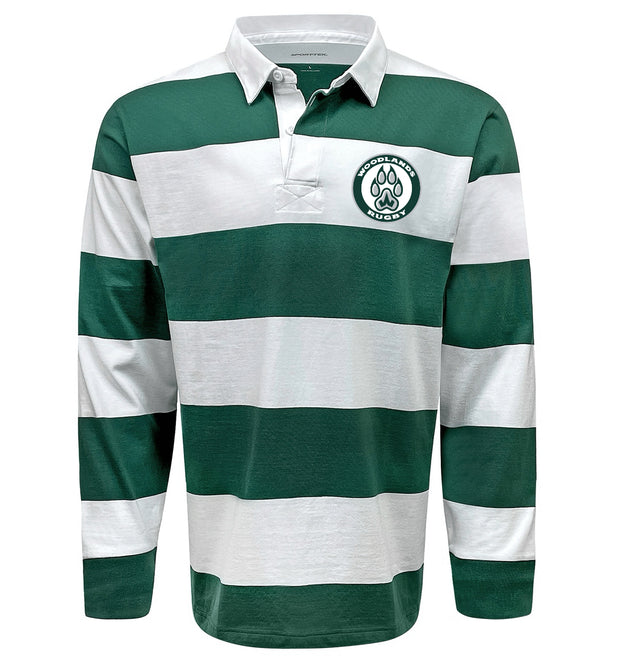 Show off a classic style in the Woodlands Youth Paw Print Hooped Classic Jersey - Green by EMB Sanmar, featuring green and white stripes, a collar, and the signature Woodland Rugby paw print logo on the left chest.