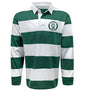 Show off a classic style in the Woodlands Youth Paw Print Hooped Classic Jersey - Green by EMB Sanmar, featuring green and white stripes, a collar, and the signature Woodland Rugby paw print logo on the left chest.