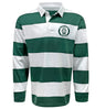 Show off a classic style in the Woodlands Youth Paw Print Hooped Classic Jersey - Green by EMB Sanmar, featuring green and white stripes, a collar, and the signature Woodland Rugby paw print logo on the left chest.