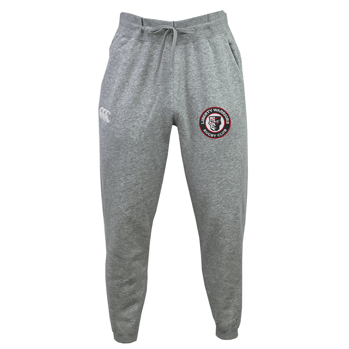 The Liberty Lake Warriors Leisure Sweatpant by Canterbury, available in gray, features a drawstring waist, the Canterbury logo, and an embroidered "Rugby Warriors" club badge on the front. It is crafted from recycled polyester fleece for a comfortable and environmentally friendly wear.