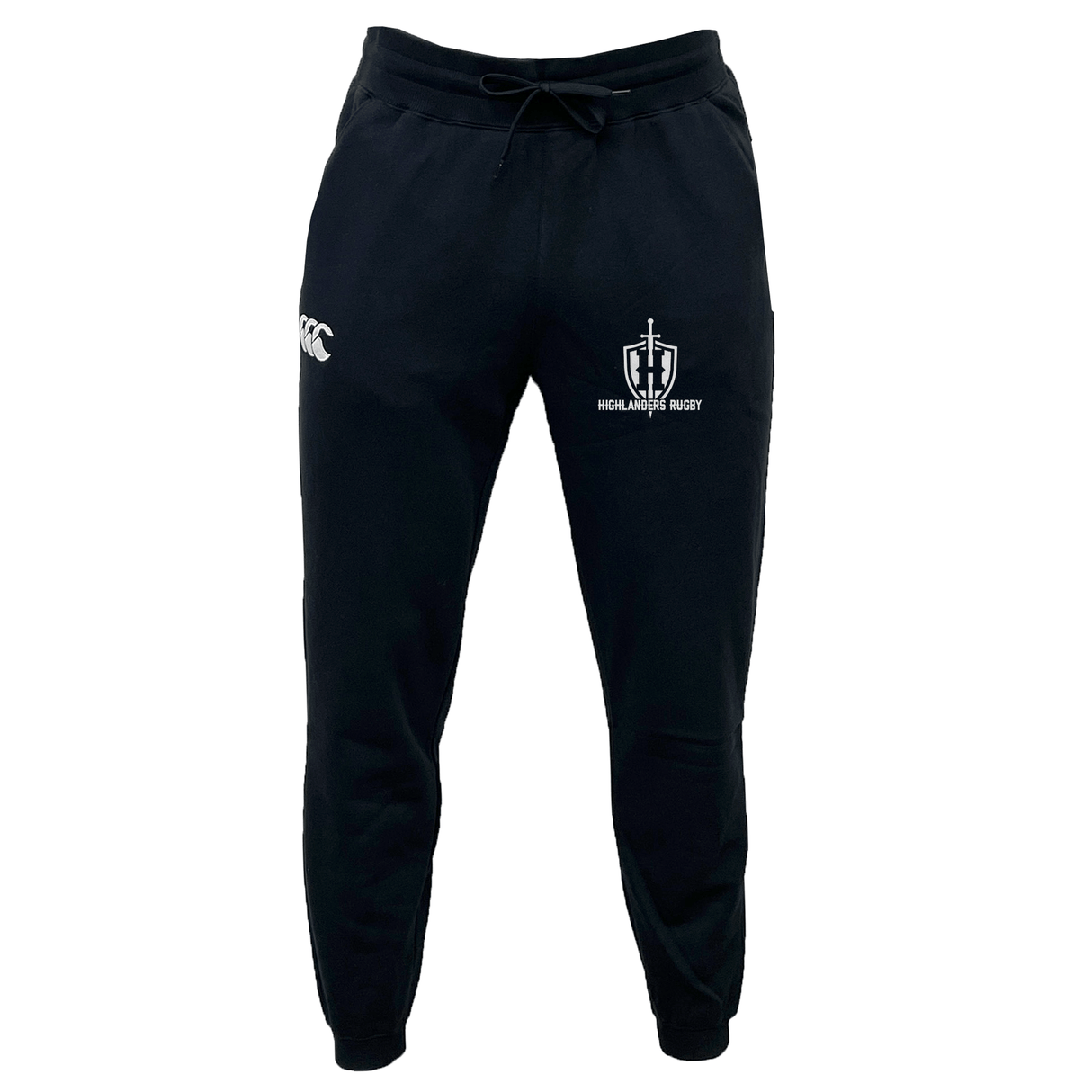 The Highlanders Rugby NC Leisure Sweatpant by EMB Canterbury sports two logos—one on the left thigh and another on the right thigh—and is crafted from recycled polyester fleece, offering a sustainable and cozy wear.