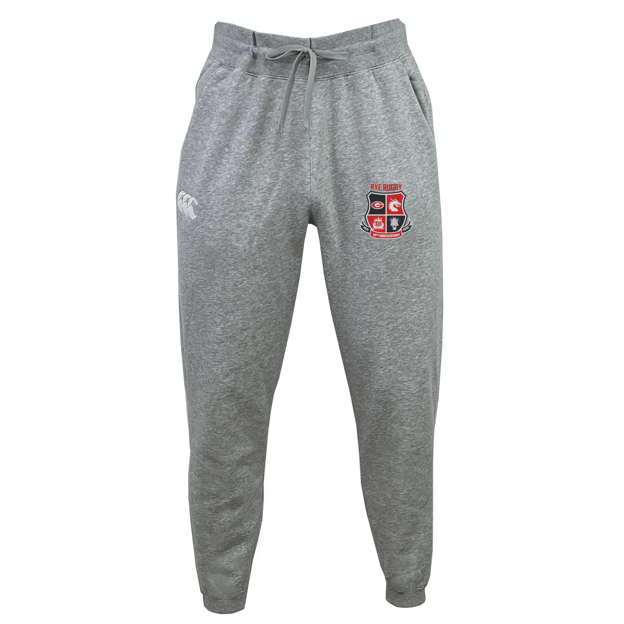 The Rye High School 10 Year Women's Leisure Sweatpant by EMB Canterbury is perfect for rugby training, crafted from organic cotton in gray. It features an embroidered red and white crest on the left thigh and a small logo on the right hip. The sweatpants ensure comfort without sacrificing style, thanks to their elastic waistband and adjustable drawstring.