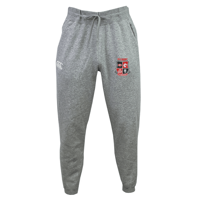 The Rye High School 10 Year Women's Leisure Sweatpant by EMB Canterbury is perfect for rugby training, crafted from organic cotton in gray. It features an embroidered red and white crest on the left thigh and a small logo on the right hip. The sweatpants ensure comfort without sacrificing style, thanks to their elastic waistband and adjustable drawstring.