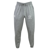 The Highlanders Rugby NC Leisure Sweatpant by Canterbury, made from gray organic cotton, features an elastic waistband and drawstring. The sweatpants have logos on both legs: a sports team's crest on the right leg and the manufacturer's emblem on the left leg.