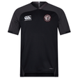 The Liberty Lake Warriors Vapodri Evader Jersey by EMB Canterbury is a black rugby jersey with short sleeves, featuring the white Canterbury logo on the right and a rugby club crest on the left. It is designed with moisture-wicking Vapodri technology to keep you dry and comfortable both on and off the field.