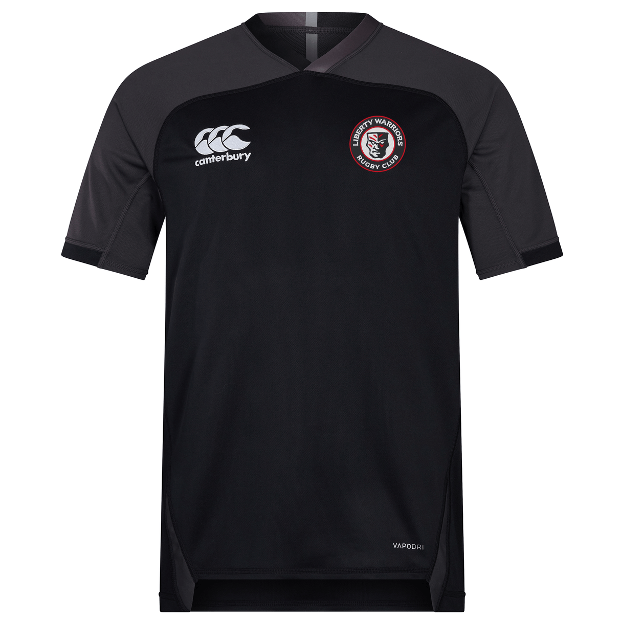 The Liberty Lake Warriors Vapodri Evader Jersey by EMB Canterbury is a black rugby jersey with short sleeves, featuring the white Canterbury logo on the right and a rugby club crest on the left. It is designed with moisture-wicking Vapodri technology to keep you dry and comfortable both on and off the field.