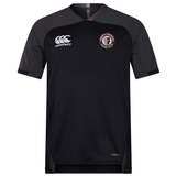 The Liberty Lake Warriors Vapodri Evader Jersey by EMB Canterbury is a black rugby jersey with short sleeves, featuring the white Canterbury logo on the right and a rugby club crest on the left. It is designed with moisture-wicking Vapodri technology to keep you dry and comfortable both on and off the field.